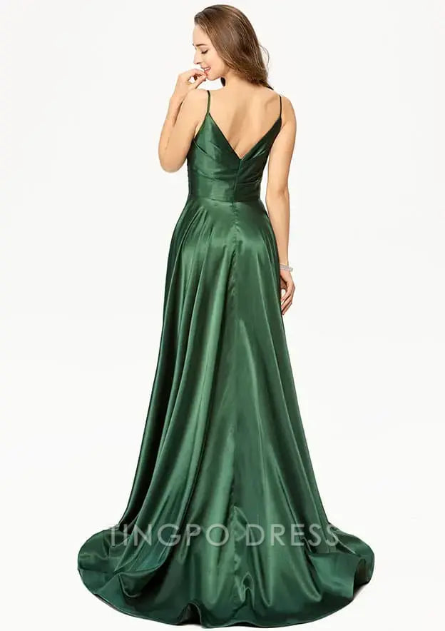 TingPo Wholesale Elegant A-line V Neck Sleeveless Charmeuse Long/Floor-Length Prom Dress With Split Pleated